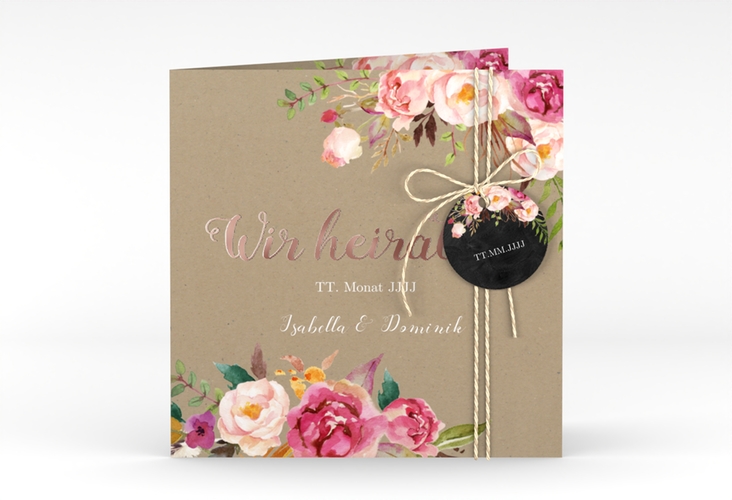 Hochzeitseinladung Flowers quadr. Klappkarte Kraftpapier rosegold mit bunten Aquarell-Blumen