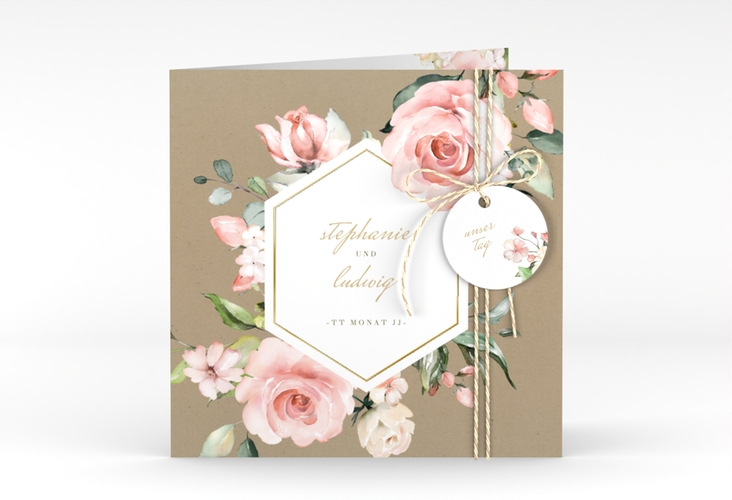 Hochzeitseinladung Graceful quadr. Klappkarte Kraftpapier gold mit Rosenblüten in Rosa und Weiß