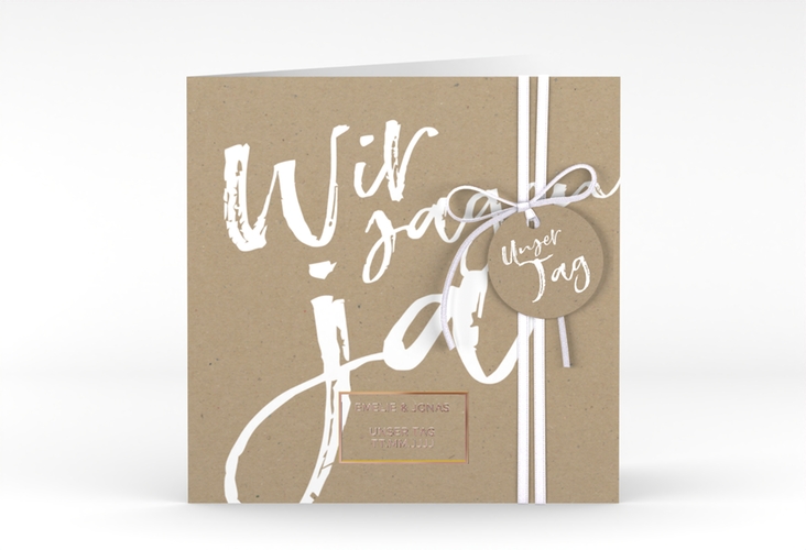 Hochzeitseinladung Words quadr. Klappkarte Kraftpapier rosegold modern mit Brush-Schrift