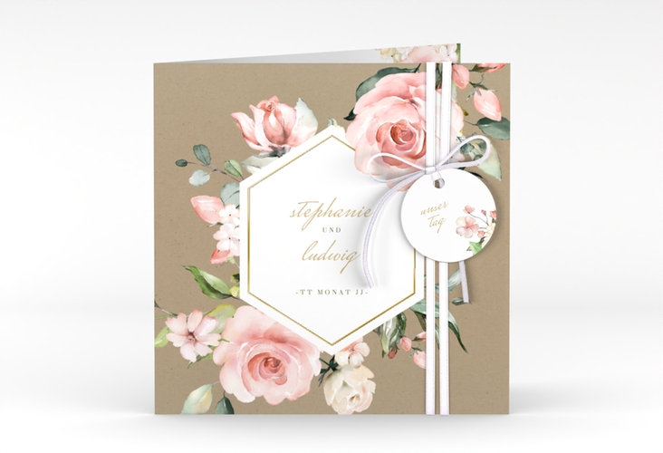 Hochzeitseinladung Graceful quadr. Klappkarte Kraftpapier gold mit Rosenblüten in Rosa und Weiß