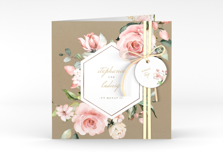 Hochzeitseinladung Graceful quadr. Klappkarte Kraftpapier rosegold mit Rosenblüten in Rosa und Weiß