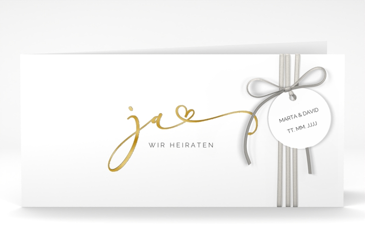 Hochzeitseinladung Jawort lange Klappkarte quer weiss gold modern minimalistisch mit veredelter Aufschrift