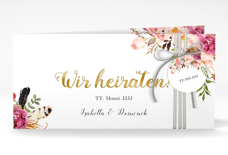 Hochzeitseinladung Flowers lange Klappkarte quer weiss gold mit bunten Aquarell-Blumen