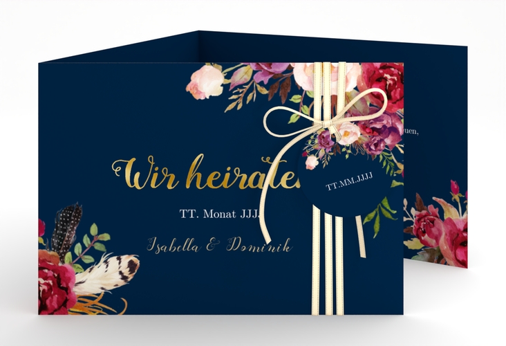 Hochzeitseinladung Flowers A6 Doppel-Klappkarte blau gold mit bunten Aquarell-Blumen