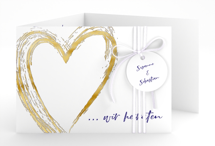 Hochzeitseinladung Liebe A6 Doppel-Klappkarte blau gold