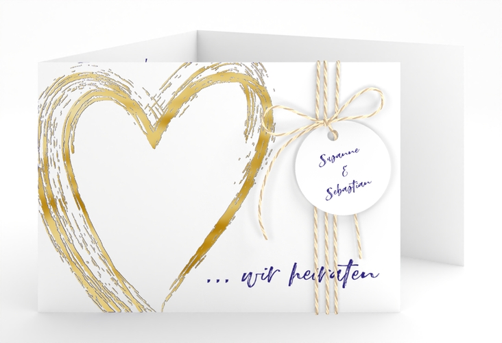 Hochzeitseinladung Liebe A6 Doppel-Klappkarte blau gold