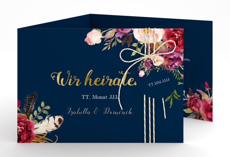 Hochzeitseinladung Flowers A6 Doppel-Klappkarte blau gold mit bunten Aquarell-Blumen