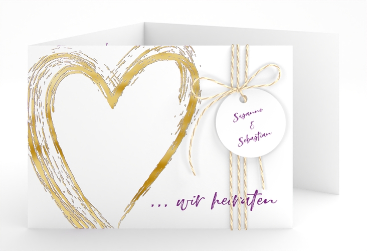 Hochzeitseinladung Liebe A6 Doppel-Klappkarte lila gold