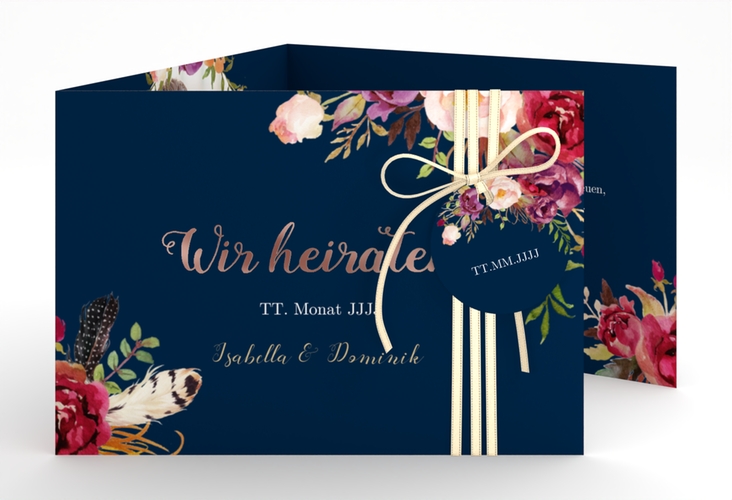 Hochzeitseinladung Flowers A6 Doppel-Klappkarte blau rosegold mit bunten Aquarell-Blumen