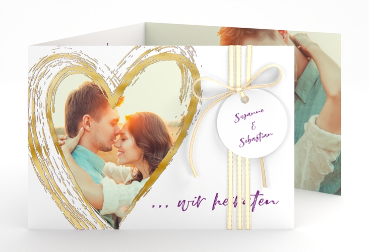 Hochzeitseinladung Liebe A6 Doppel-Klappkarte lila gold