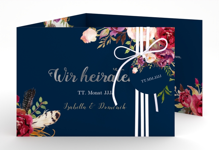 Hochzeitseinladung Flowers A6 Doppel-Klappkarte blau silber mit bunten Aquarell-Blumen