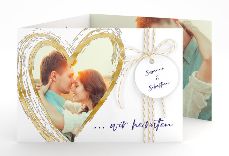 Hochzeitseinladung Liebe A6 Doppel-Klappkarte blau gold