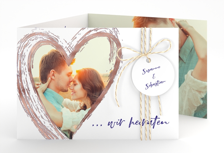 Hochzeitseinladung Liebe A6 Doppel-Klappkarte blau rosegold