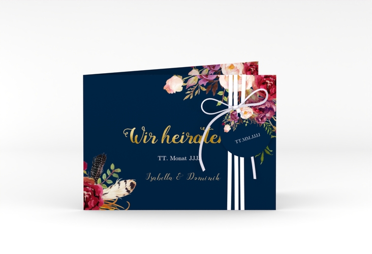 Hochzeitseinladung Flowers A6 Klappkarte quer blau gold mit bunten Aquarell-Blumen