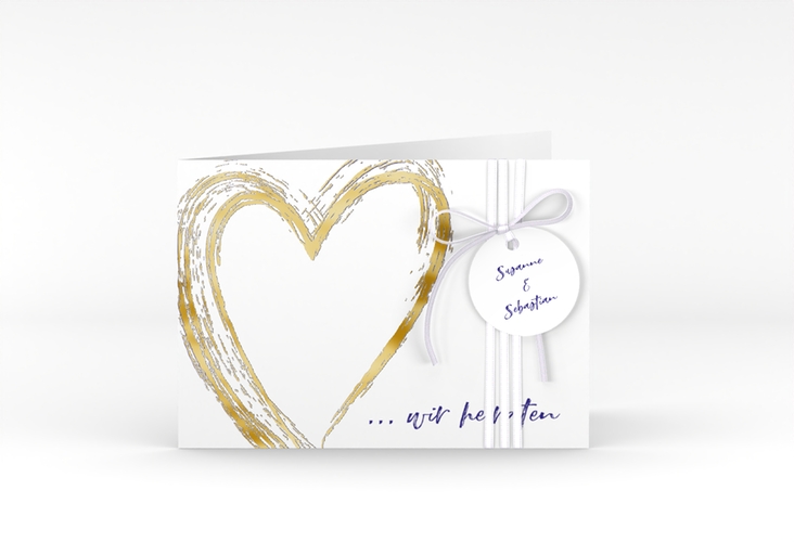 Hochzeitseinladung Liebe A6 Klappkarte quer blau gold