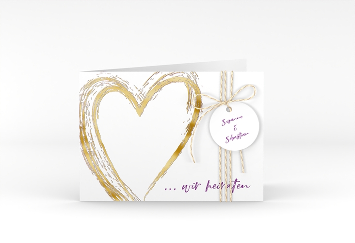 Hochzeitseinladung Liebe A6 Klappkarte quer lila gold