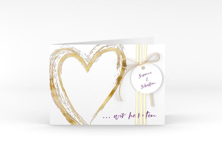 Hochzeitseinladung Liebe A6 Klappkarte quer lila gold