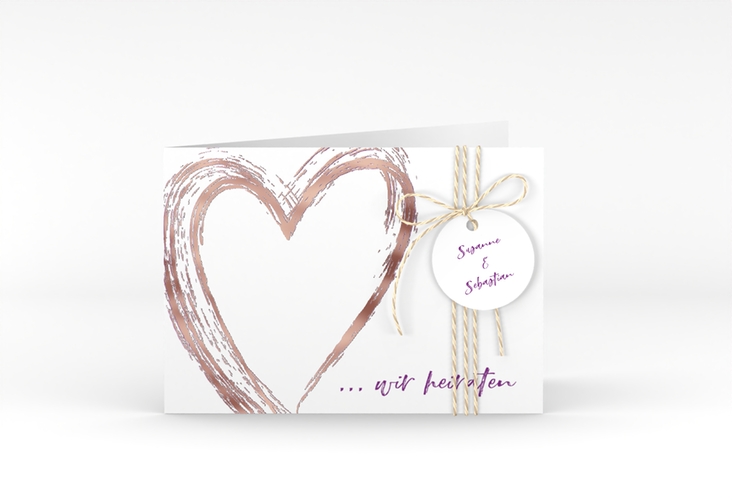 Hochzeitseinladung Liebe A6 Klappkarte quer lila rosegold