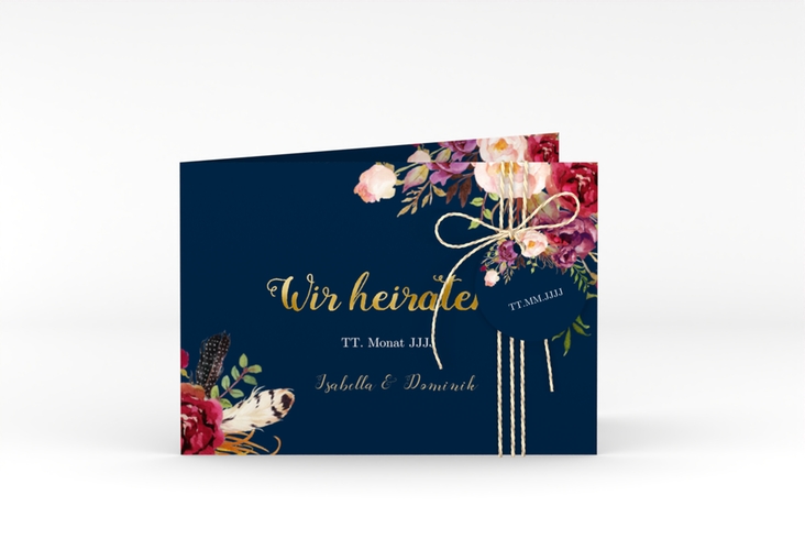 Hochzeitseinladung Flowers A6 Klappkarte quer blau gold mit bunten Aquarell-Blumen