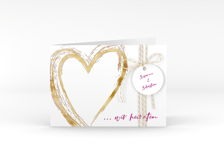 Hochzeitseinladung Liebe A6 Klappkarte quer pink gold