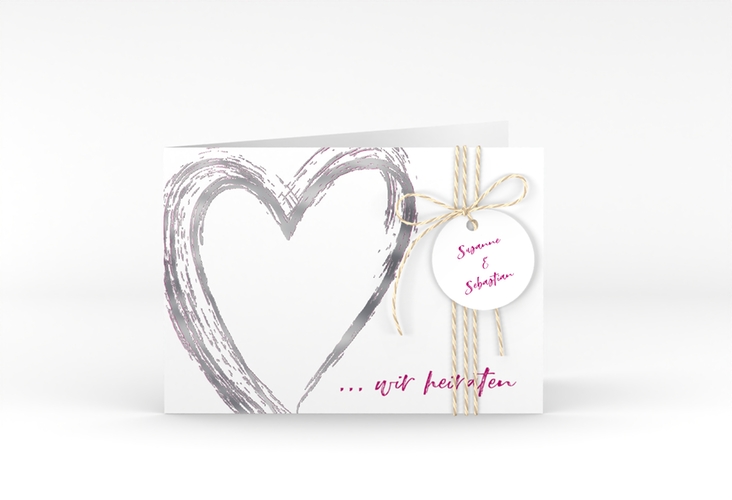 Hochzeitseinladung Liebe A6 Klappkarte quer pink silber