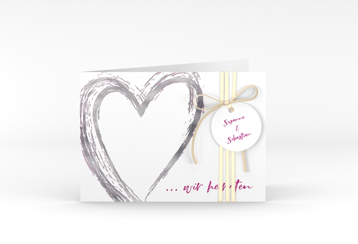 Hochzeitseinladung Liebe A6 Klappkarte quer pink silber