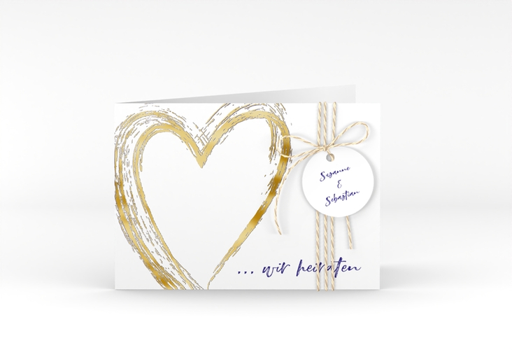 Hochzeitseinladung Liebe A6 Klappkarte quer blau gold