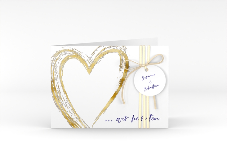 Hochzeitseinladung Liebe A6 Klappkarte quer blau gold