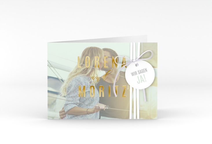 Hochzeitseinladung Memory A6 Klappkarte quer mint gold