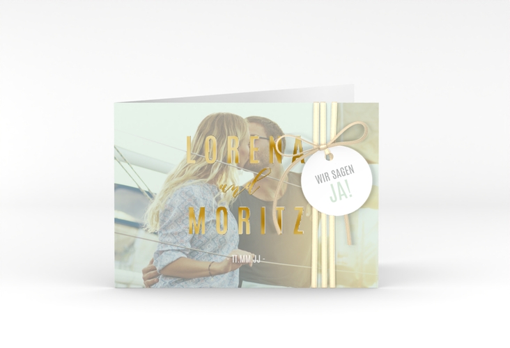 Hochzeitseinladung Memory A6 Klappkarte quer mint gold