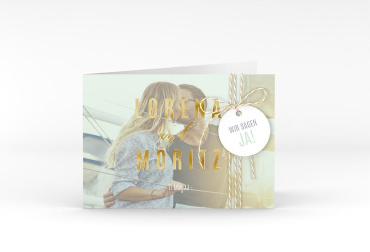 Hochzeitseinladung Memory A6 Klappkarte quer mint gold