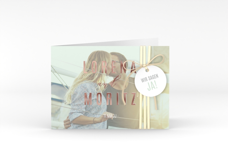 Hochzeitseinladung Memory A6 Klappkarte quer mint rosegold