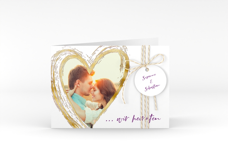 Hochzeitseinladung Liebe A6 Klappkarte quer lila gold