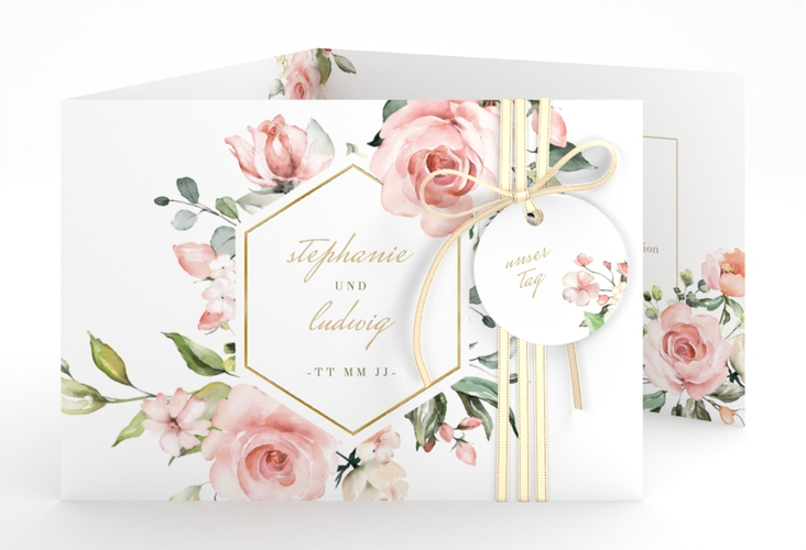 Hochzeitseinladung Graceful A6 Doppel-Klappkarte weiss gold mit Rosenblüten in Rosa und Weiß