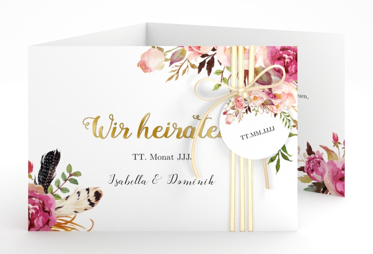 Hochzeitseinladung Flowers A6 Doppel-Klappkarte weiss gold mit bunten Aquarell-Blumen