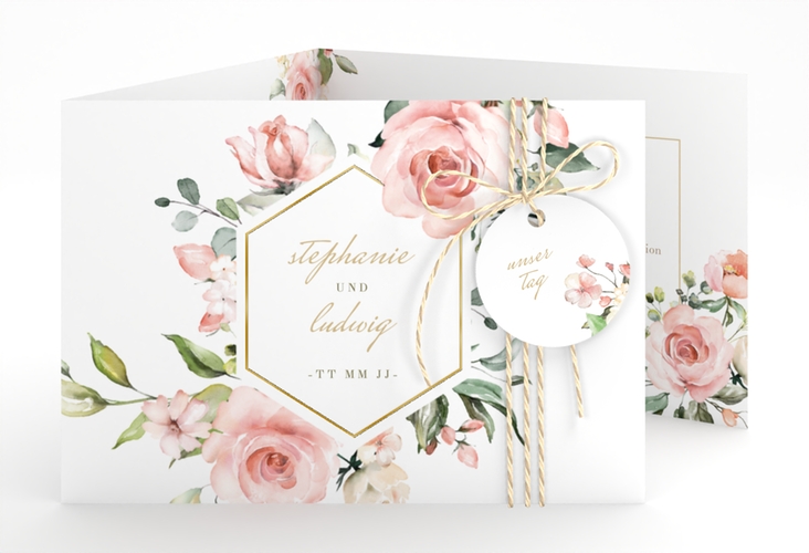 Hochzeitseinladung Graceful A6 Doppel-Klappkarte weiss gold mit Rosenblüten in Rosa und Weiß