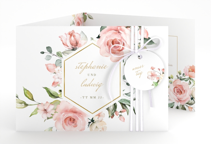 Hochzeitseinladung Graceful A6 Doppel-Klappkarte weiss gold mit Rosenblüten in Rosa und Weiß