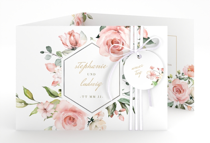 Hochzeitseinladung Graceful A6 Doppel-Klappkarte weiss silber mit Rosenblüten in Rosa und Weiß