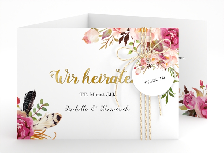 Hochzeitseinladung Flowers A6 Doppel-Klappkarte weiss gold mit bunten Aquarell-Blumen