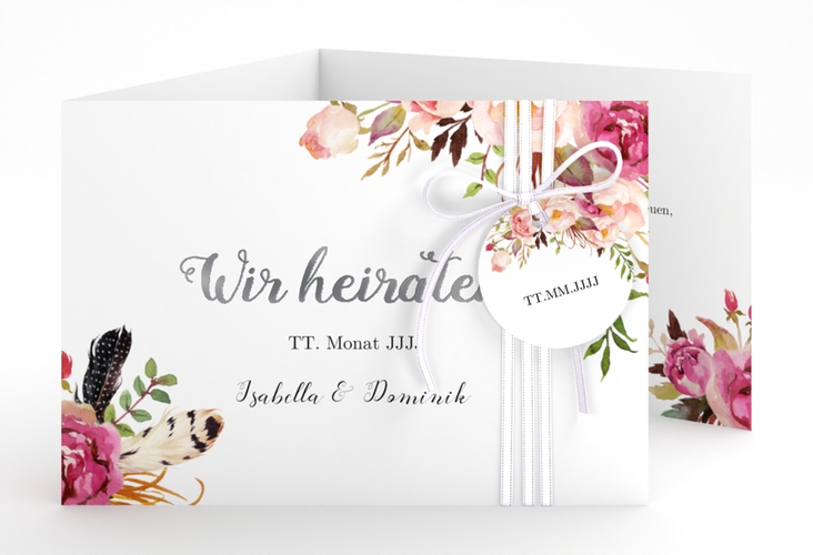 Hochzeitseinladung Flowers A6 Doppel-Klappkarte weiss silber mit bunten Aquarell-Blumen