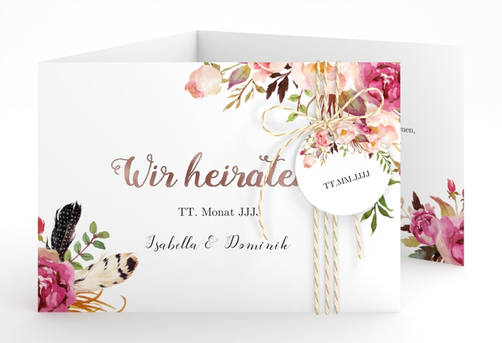 Hochzeitseinladung Flowers A6 Doppel-Klappkarte weiss rosegold mit bunten Aquarell-Blumen