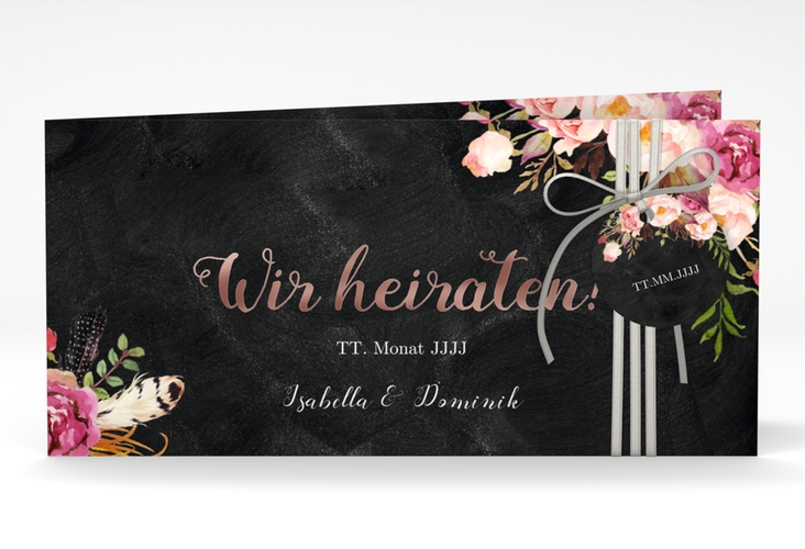 Hochzeitseinladung Flowers lange Klappkarte quer schwarz rosegold mit bunten Aquarell-Blumen