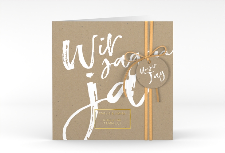 Hochzeitseinladung Words quadr. Klappkarte Kraftpapier gold modern mit Brush-Schrift