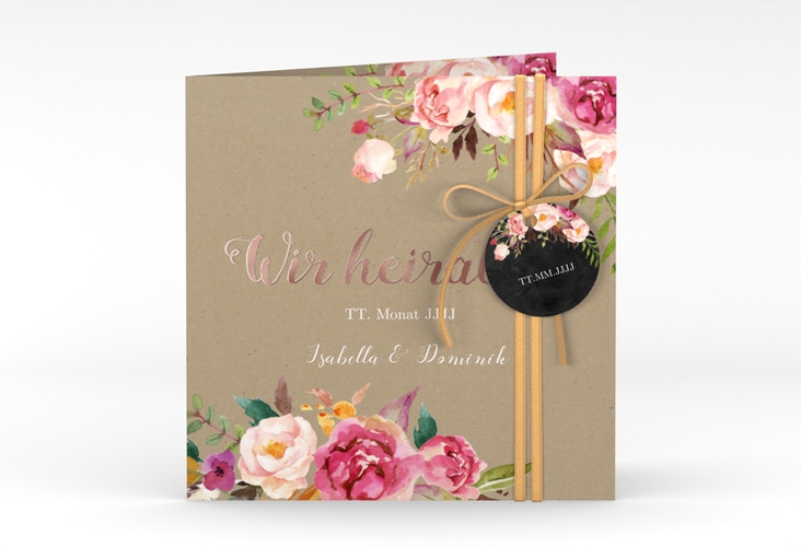 Hochzeitseinladung Flowers quadr. Klappkarte Kraftpapier rosegold mit bunten Aquarell-Blumen