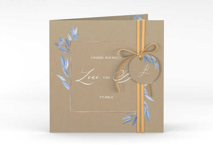 Hochzeitseinladung Classicblue quadr. Klappkarte Kraftpapier rosegold