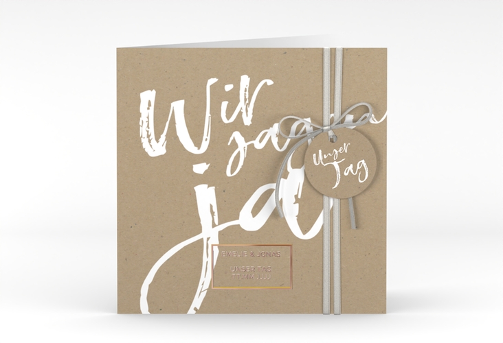 Hochzeitseinladung Words quadr. Klappkarte Kraftpapier rosegold modern mit Brush-Schrift