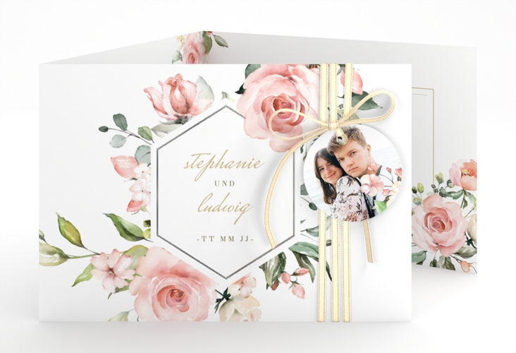 Hochzeitseinladung Graceful A6 Doppel-Klappkarte weiss silber mit Rosenblüten in Rosa und Weiß