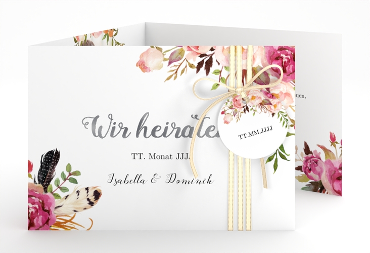 Hochzeitseinladung Flowers A6 Doppel-Klappkarte weiss silber mit bunten Aquarell-Blumen