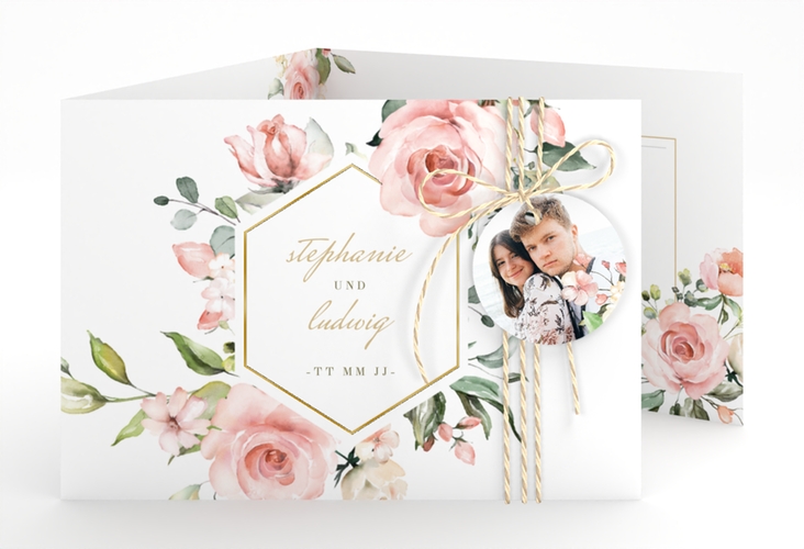 Hochzeitseinladung Graceful A6 Doppel-Klappkarte weiss gold mit Rosenblüten in Rosa und Weiß