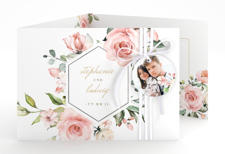 Hochzeitseinladung Graceful A6 Doppel-Klappkarte weiss silber mit Rosenblüten in Rosa und Weiß